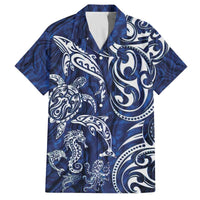 New Zealand Connecting with Seas Family Matching Off The Shoulder Long Sleeve Dress and Hawaiian Shirt Maori Tribal and Sea Animals Tattoo - White Glass Style LT03 Dad's Shirt - Short Sleeve Navy - Polynesian Pride