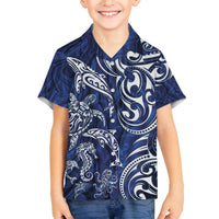 New Zealand Connecting with Seas Family Matching Off The Shoulder Long Sleeve Dress and Hawaiian Shirt Maori Tribal and Sea Animals Tattoo - White Glass Style LT03 Son's Shirt Navy - Polynesian Pride