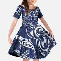 New Zealand Connecting with Seas Family Matching Off Shoulder Maxi Dress and Hawaiian Shirt Maori Tribal and Sea Animals Tattoo - White Glass Style LT03 Daughter's Dress Navy - Polynesian Pride