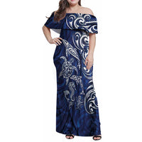 New Zealand Connecting with Seas Family Matching Off Shoulder Maxi Dress and Hawaiian Shirt Maori Tribal and Sea Animals Tattoo - White Glass Style LT03 Mom's Dress Navy - Polynesian Pride