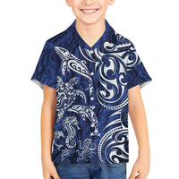 New Zealand Connecting with Seas Family Matching Off Shoulder Maxi Dress and Hawaiian Shirt Maori Tribal and Sea Animals Tattoo - White Glass Style LT03 Son's Shirt Navy - Polynesian Pride