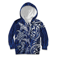 New Zealand Connecting with Seas Kid Hoodie Maori Tribal and Sea Animals Tattoo - White Glass Style LT03 Hoodie Navy - Polynesian Pride