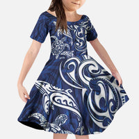New Zealand Connecting with Seas Kid Short Sleeve Dress Maori Tribal and Sea Animals Tattoo - White Glass Style LT03 KID Navy - Polynesian Pride