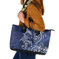 New Zealand Connecting with Seas Leather Tote Bag Maori Tribal and Sea Animals Tattoo - White Glass Style LT03 Navy - Polynesian Pride