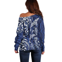 New Zealand Connecting with Seas Off Shoulder Sweater Maori Tribal and Sea Animals Tattoo - White Glass Style LT03 - Polynesian Pride