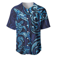 New Zealand Connecting with Seas Baseball Jersey Maori Tribal and Sea Animals Tattoo - Sea Texture Glass Style LT03 Navy - Polynesian Pride