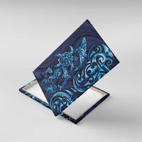 New Zealand Connecting with Seas Canvas Wall Art Maori Tribal and Sea Animals Tattoo - Sea Texture Glass Style LT03 With Frame Navy - Polynesian Pride