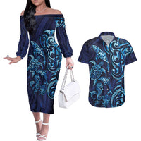 New Zealand Connecting with Seas Couples Matching Off The Shoulder Long Sleeve Dress and Hawaiian Shirt Maori Tribal and Sea Animals Tattoo - Sea Texture Glass Style LT03 Navy - Polynesian Pride