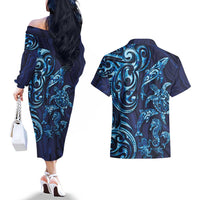 New Zealand Connecting with Seas Couples Matching Off The Shoulder Long Sleeve Dress and Hawaiian Shirt Maori Tribal and Sea Animals Tattoo - Sea Texture Glass Style LT03 - Polynesian Pride