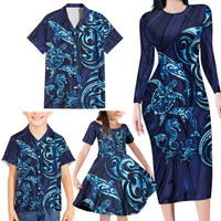 New Zealand Connecting with Seas Family Matching Long Sleeve Bodycon Dress and Hawaiian Shirt Maori Tribal and Sea Animals Tattoo - Sea Texture Glass Style LT03 - Polynesian Pride