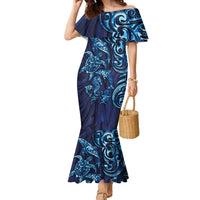 New Zealand Connecting with Seas Family Matching Mermaid Dress and Hawaiian Shirt Maori Tribal and Sea Animals Tattoo - Sea Texture Glass Style LT03 Mom's Dress Navy - Polynesian Pride