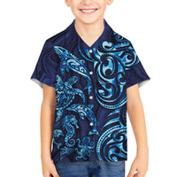 New Zealand Connecting with Seas Family Matching Off The Shoulder Long Sleeve Dress and Hawaiian Shirt Maori Tribal and Sea Animals Tattoo - Sea Texture Glass Style LT03 Son's Shirt Navy - Polynesian Pride