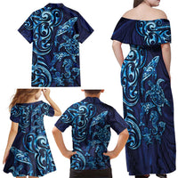 New Zealand Connecting with Seas Family Matching Off Shoulder Maxi Dress and Hawaiian Shirt Maori Tribal and Sea Animals Tattoo - Sea Texture Glass Style LT03 - Polynesian Pride