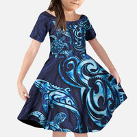 New Zealand Connecting with Seas Family Matching Puletasi and Hawaiian Shirt Maori Tribal and Sea Animals Tattoo - Sea Texture Glass Style LT03 Daughter's Dress Navy - Polynesian Pride