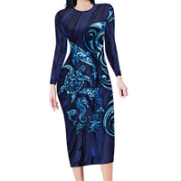 New Zealand Connecting with Seas Long Sleeve Bodycon Dress Maori Tribal and Sea Animals Tattoo - Sea Texture Glass Style LT03 Long Dress Navy - Polynesian Pride
