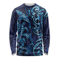 New Zealand Connecting with Seas Long Sleeve Shirt Maori Tribal and Sea Animals Tattoo - Sea Texture Glass Style LT03 Unisex Navy - Polynesian Pride