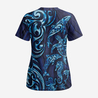 New Zealand Connecting with Seas Scrub Top Maori Tribal and Sea Animals Tattoo - Sea Texture Glass Style - Polynesian Pride