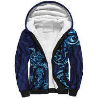 New Zealand Connecting with Seas Sherpa Hoodie Maori Tribal and Sea Animals Tattoo - Sea Texture Glass Style LT03 Unisex Navy - Polynesian Pride