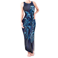 New Zealand Connecting with Seas Tank Maxi Dress Maori Tribal and Sea Animals Tattoo - Sea Texture Glass Style LT03 Women Navy - Polynesian Pride