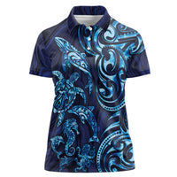 New Zealand Connecting with Seas Women Polo Shirt Maori Tribal and Sea Animals Tattoo - Sea Texture Glass Style LT03 Female Navy - Polynesian Pride