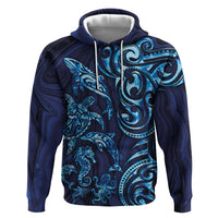New Zealand Connecting with Seas Zip Hoodie Maori Tribal and Sea Animals Tattoo - Sea Texture Glass Style LT03 Pullover Hoodie Navy - Polynesian Pride
