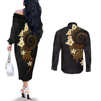 Polynesian Spiral Tribal Tattoo Couples Matching Off The Shoulder Long Sleeve Dress and Long Sleeve Button Shirt Golden Color LT03 - Polynesian Pride
