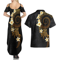 Polynesian Spiral Tribal Tattoo Couples Matching Summer Maxi Dress and Hawaiian Shirt Golden Color LT03 - Polynesian Pride