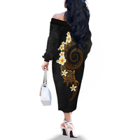 Polynesian Spiral Tribal Tattoo Family Matching Off The Shoulder Long Sleeve Dress and Hawaiian Shirt Golden Color LT03 - Polynesian Pride