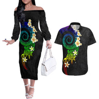 Polynesian Spiral Tribal Tattoo Couples Matching Off The Shoulder Long Sleeve Dress and Hawaiian Shirt Fanciful Color LT03 Black - Polynesian Pride