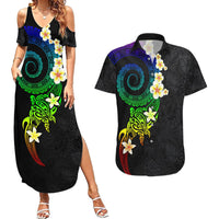 Polynesian Spiral Tribal Tattoo Couples Matching Summer Maxi Dress and Hawaiian Shirt Fanciful Color LT03 Black - Polynesian Pride