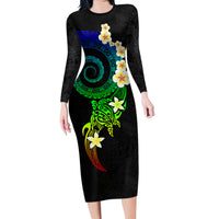 Polynesian Spiral Tribal Tattoo Family Matching Long Sleeve Bodycon Dress and Hawaiian Shirt Fanciful Color LT03 Mom's Dress Black - Polynesian Pride