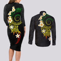 Polynesian Spiral Tribal Tattoo Couples Matching Long Sleeve Bodycon Dress and Long Sleeve Button Shirt Reggae Color LT03 - Polynesian Pride