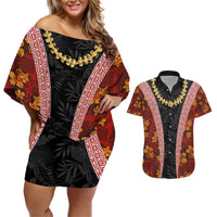 Hawaii Lei and Hibiscus Flowers Tribal Couples Matching Off Shoulder Short Dress and Hawaiian Shirt Patchwork Abstract Vintage