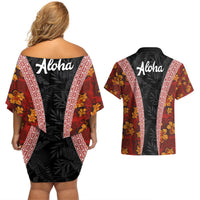 Hawaii Lei and Hibiscus Flowers Tribal Couples Matching Off Shoulder Short Dress and Hawaiian Shirt Patchwork Abstract Vintage