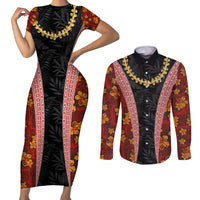 Hawaii Lei and Hibiscus Flowers Tribal Couples Matching Short Sleeve Bodycon Dress and Long Sleeve Button Shirt Patchwork Abstract Vintage LT03 Red - Polynesian Pride