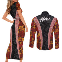 Hawaii Lei and Hibiscus Flowers Tribal Couples Matching Short Sleeve Bodycon Dress and Long Sleeve Button Shirt Patchwork Abstract Vintage LT03 - Polynesian Pride