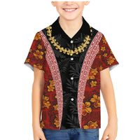 Hawaii Lei and Hibiscus Flowers Tribal Family Matching Mermaid Dress and Hawaiian Shirt Patchwork Abstract Vintage LT03 Son's Shirt Red - Polynesian Pride