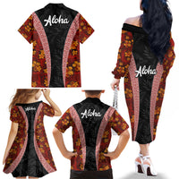 Hawaii Lei and Hibiscus Flowers Tribal Family Matching Off The Shoulder Long Sleeve Dress and Hawaiian Shirt Patchwork Abstract Vintage LT03 - Polynesian Pride