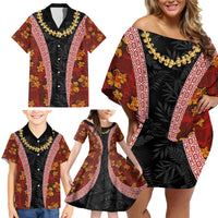 Hawaii Lei and Hibiscus Flowers Tribal Family Matching Off Shoulder Short Dress and Hawaiian Shirt Patchwork Abstract Vintage LT03 - Polynesian Pride