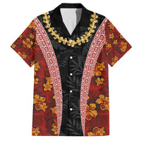 Hawaii Lei and Hibiscus Flowers Tribal Family Matching Puletasi and Hawaiian Shirt Patchwork Abstract Vintage LT03 Dad's Shirt - Short Sleeve Red - Polynesian Pride