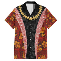 Hawaii Lei and Hibiscus Flowers Tribal Family Matching Short Sleeve Bodycon Dress and Hawaiian Shirt Patchwork Abstract Vintage LT03 Dad's Shirt - Short Sleeve Red - Polynesian Pride