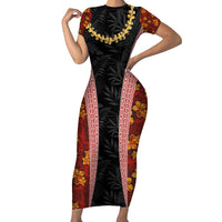 Hawaii Lei and Hibiscus Flowers Tribal Family Matching Short Sleeve Bodycon Dress and Hawaiian Shirt Patchwork Abstract Vintage LT03 Mom's Dress Red - Polynesian Pride