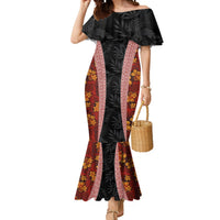 Hawaii Lei and Hibiscus Flowers Tribal Mermaid Dress Patchwork Abstract Vintage LT03 Women Red - Polynesian Pride