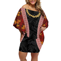 Hawaii Lei and Hibiscus Flowers Tribal Off Shoulder Short Dress Patchwork Abstract Vintage LT03 Women Red - Polynesian Pride