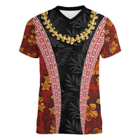 Hawaii Lei and Hibiscus Flowers Tribal Women V Neck T Shirt Patchwork Abstract Vintage