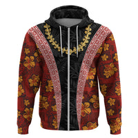 Hawaii Lei and Hibiscus Flowers Tribal Zip Hoodie Patchwork Abstract Vintage LT03 Zip Hoodie Red - Polynesian Pride