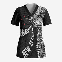 Aotearoa Volleyball Custom Scrub Top Silver Ferns and Maori Tribal Black