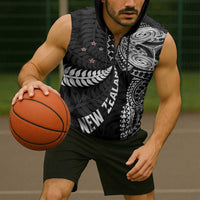 Aotearoa Volleyball Custom Sleeveless Zip Hoodie Silver Ferns and Maori Tribal Black