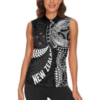Aotearoa Volleyball Custom Women Sleeveless Polo Shirt Silver Ferns and Maori Tribal Black