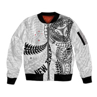 Aotearoa Volleyball Custom Sleeve Zip Bomber Jacket Silver Ferns and Maori Tribal White